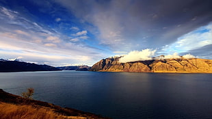 brown mountain, sky, clouds, water, nature