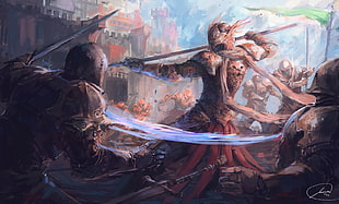 warrior with spear fighting painting