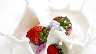 strawberry with milk, strawberries, milk, fruit, food HD wallpaper