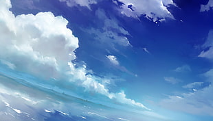 white and blue abstract painting, sky, clouds, sea HD wallpaper