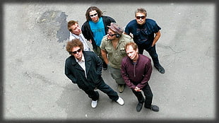 high angle photography of six men on gray floor HD wallpaper