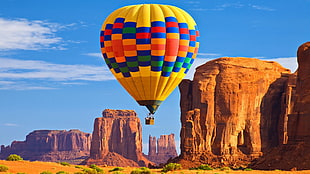 yellow and multicolored hot air balloon, glowing, hot air balloons HD wallpaper