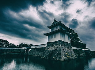 architectural photography of white pagoda under cumulus nimbus clouds, japan HD wallpaper
