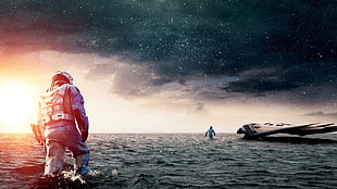 person walking on sea illustration HD wallpaper