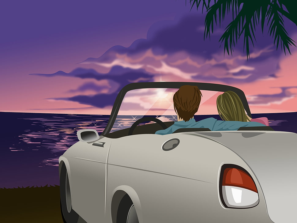 man and woman in convertible coupe facing sea illustration HD wallpaper