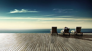 black pool deckchairs, deck chairs, aerial view, stairs, clouds HD wallpaper