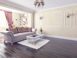 brown velvet sofa with throw pillows on brown parquet flooring HD wallpaper
