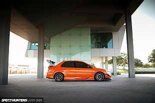 orange coupe with text overlay, Mitsubishi Lancer EVO, tuning, Speedhunters, car HD wallpaper