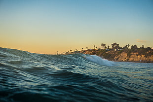 brown mountain, sea, waves, nature, beach