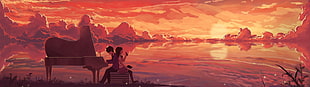 man playing grand piano illustration, piano, landscape, anime HD wallpaper
