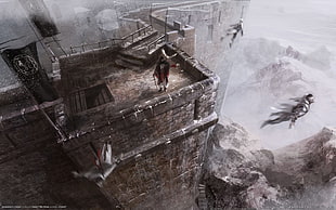 character in red cloth standing on top of castle game interface HD wallpaper