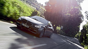 black BMW 5 Series sedan, BMW 6, BMW, road, car