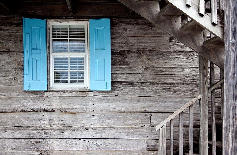 white and teal wooden window opened during daytime HD wallpaper