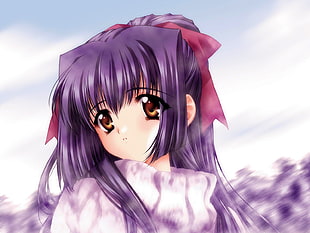 purple long haired anime character wearing ribbon on head HD wallpaper