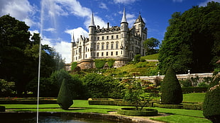 white and gray concrete castle, castle, fountain, garden, Scotland
