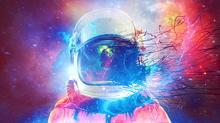 orange and black Astronaut suit, astronaut, abstract, stars HD wallpaper