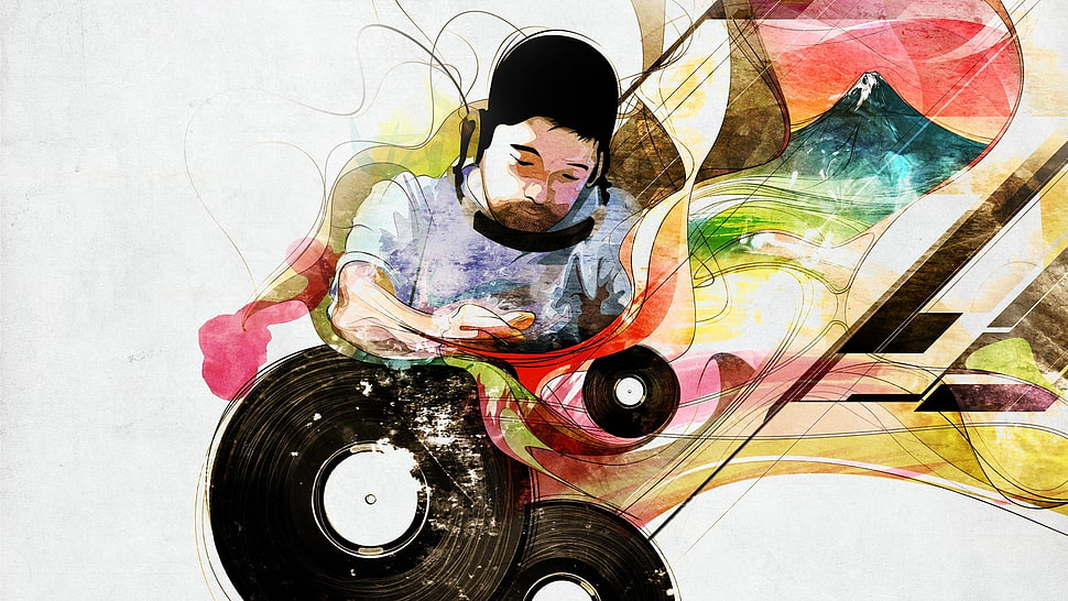 man in white shirt with vinyl disc painting HD wallpaper