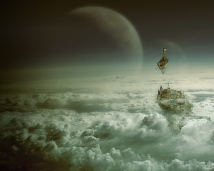 black and gray digital wallpaper, fantasy art, clouds, digital art, planet