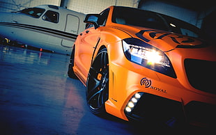 orange sedan, car, orange, Mercedes-Benz, aircraft