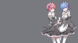 two female anime character clip-art, Rem (Re: Zero), Ram (Re:Zero), simple background, maid outfit HD wallpaper