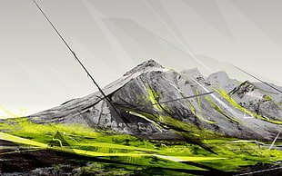 green and black compound bow, photo manipulation, abstract, mountains, digital art HD wallpaper