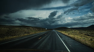 gray concrete road, clouds, road HD wallpaper