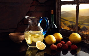 clear glass pitcher, Lemonade, fruit HD wallpaper