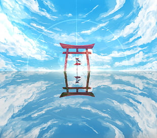 white and blue clouds, anime, Touhou, Hakurei Reimu, torii HD wallpaper