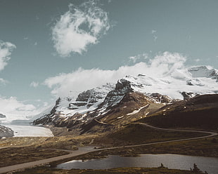 winding road near lake, nature, snow, water, sky