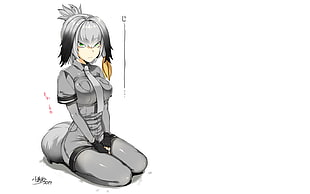 white and black corded device, boobs, white  background, gray hair, anthropomorphism HD wallpaper