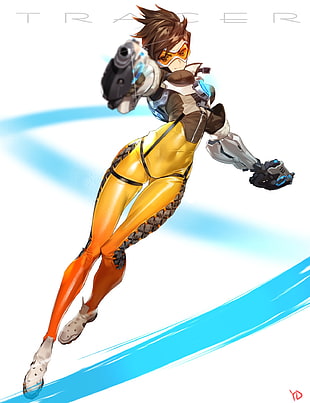 Tracer female character holding gun wallpaper HD wallpaper
