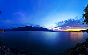 body of water and mountain, lake, night, sea, clouds HD wallpaper