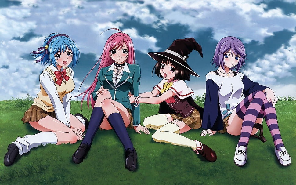 four female anime characters illustration, Rosario + Vampire, Akashiya Moka, Kurono Kurumu, Shirayuki Mizore HD wallpaper