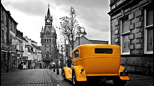 selective color poster of yellow vehicle, city, car, Scotland, Dunfermline HD wallpaper