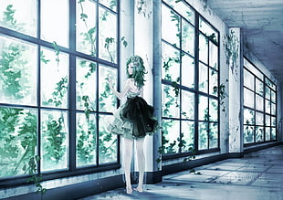 green haired female anime character, anime, window, Vocaloid, Megpoid Gumi
