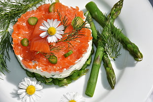 Asparagus and cake on plate HD wallpaper