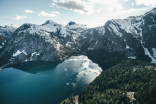 aerial photo of lake surrounded by alpine mountains, mountains, nature, lake, forest HD wallpaper