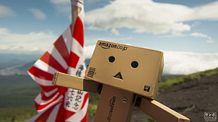 brown Amazon box robot, Danbo, Amazon, cherry blossom, spring