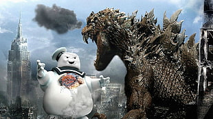 Marshmallow Man and Godzilla illustration, digital art, Godzilla, snowmen, city HD wallpaper