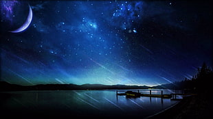 boat near dock under crescent moon digital wallpaper, landscape, sky, Moon HD wallpaper