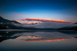 reflection of mountain on body of water