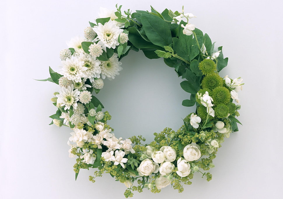 white and green floral wreath on white surface HD wallpaper