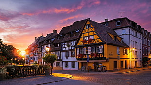 white and yellow concrete buildings, city, sunset, Colmar HD wallpaper