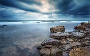 brown and white wooden boat, nature, sea, water, stones