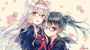 two female characters digital wallpaper, glasses, school uniform, headband HD wallpaper