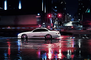 white coupe on wet road during night time HD wallpaper