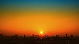 orange sun, cityscape, Sun, orange, blue