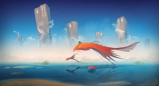 orange, blue, and white digital wallpaper, fantasy art, artwork, koi