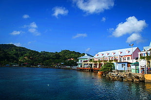 white and pink house, Mexico, clear sky, water, markets