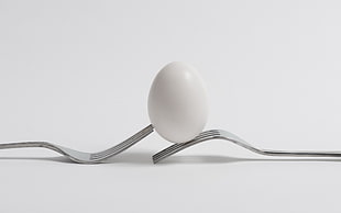 white egg on top of stainless steel fork HD wallpaper